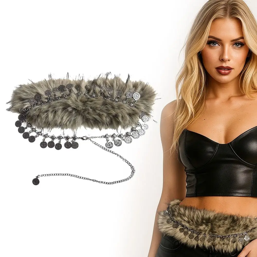 خمر العصرية تصميم فو الفراء أحزمة فتاة حار فاسق جولة عملة أحزمة وسط Y2K سلسلة معدنية شرابة الخصر سلسلة النساء الموضة #1