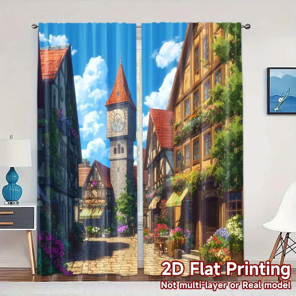 2pcs, 2D FLAT PRINTING Curtains (Without Rod) Charming Village View Popular Print Curtains 100% Polyester Curtains Holiday