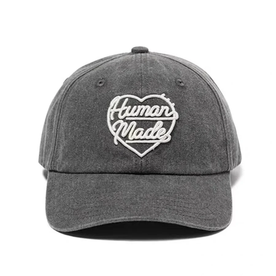 Human Made Style Heart Patch Baseball Cap, Curved Brim Washed Cotton Hat for Men Women