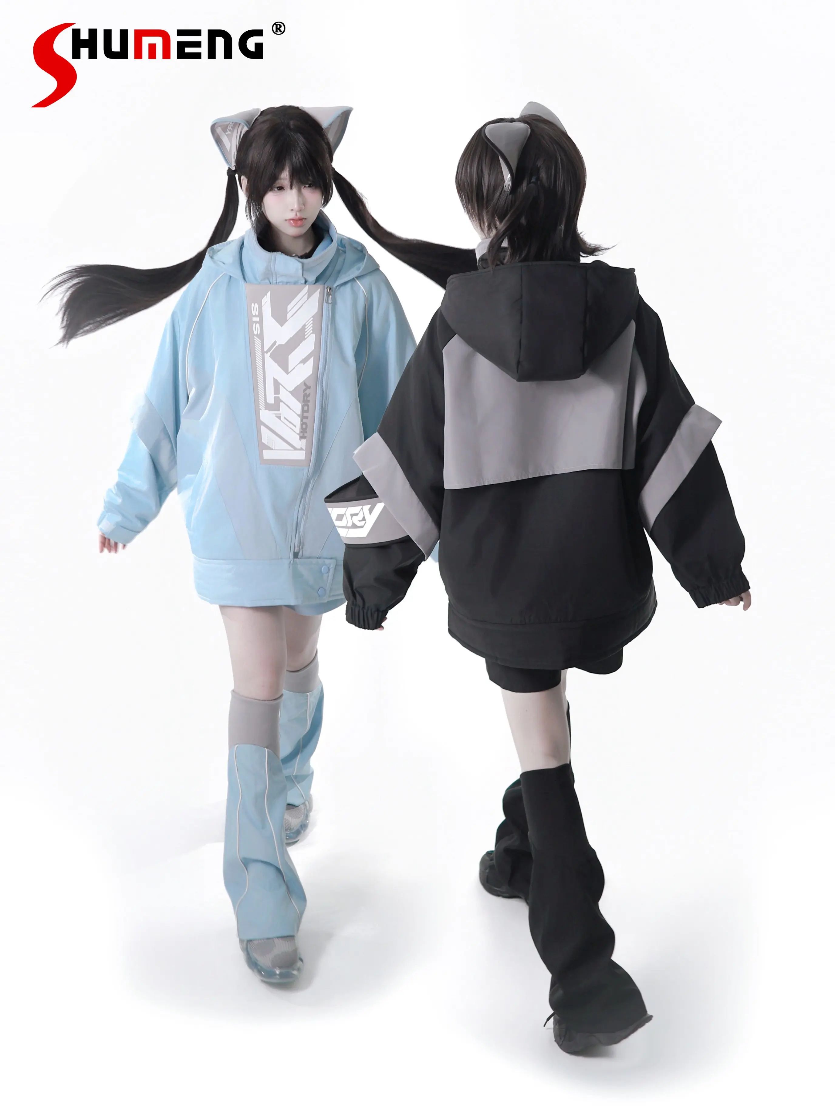 

Оригинальный милый крутой модный комплект с шортами в мотоциклетном стиле, свободная куртка с капюшоном, шорты, гетры, комплект, студенческая одежда Y2K 2026