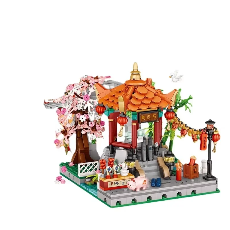 LOZ small particle building blocks Jiangnan water town four corner Pavilion assembled toy gift