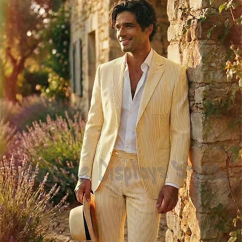 

New Bubble Stripe Men Suit Notch Lapel Single Breasted Blazer Slim Fit Outfit Summer Beach Wedding Groom Business Casual Outfi