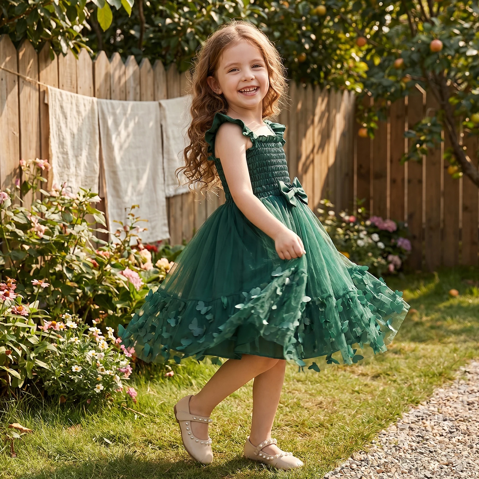 3-10Y Girl Summer Smocked Tulle Party Dress Flying Sleeve Square Neck Princess Gown Dresses with Butterfly Accents