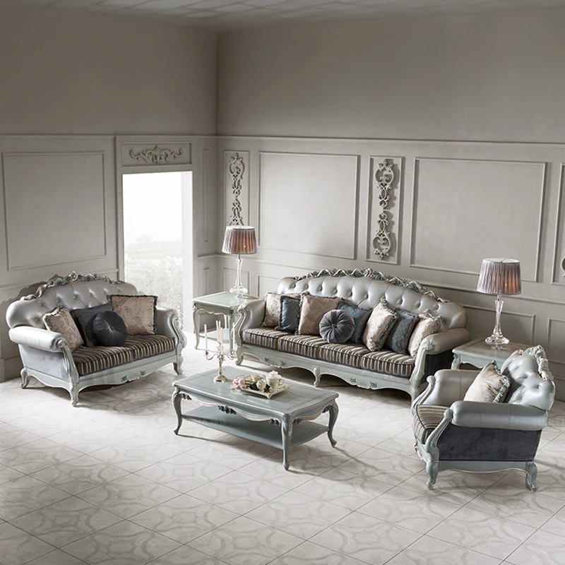 !@French Classic Hand Carved Wooden Leather Chesterfield Upholstery Living Room Sofa Set