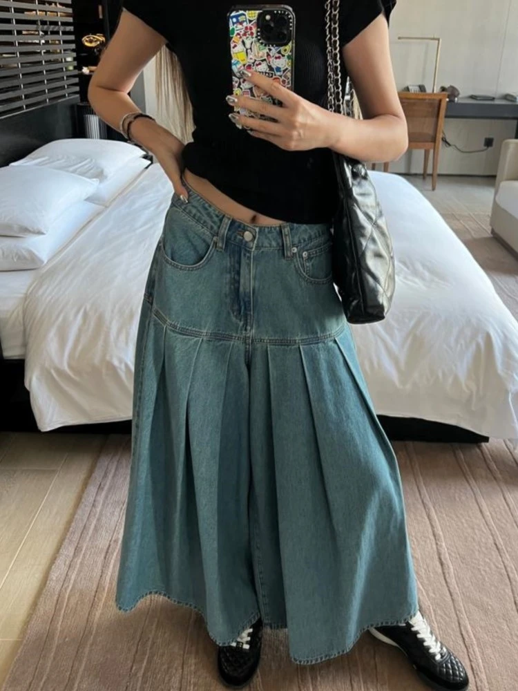 

Fashion Pleated A-line Jeans High Waist Streetwear Women Pant 2024 New Female Pocket Button Loose Casual Solid Denim Trouser