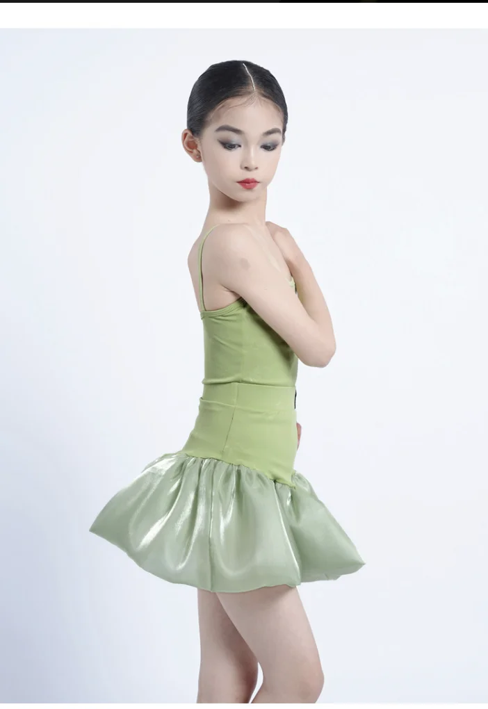 Vestido de Baile Latino para Niñas, Verde, con Tirantes Finos y Tul, para Cha Cha Rumba, Baile de Salón, Entrenamiento, Clases Diarias, Competencia