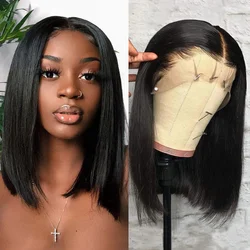 Perruque Bob Lace Front Wig Brésilienne Naturelle, Cheveux Lisses, 13x4, 4x4, 8 à 16 Pouces, pour Femme