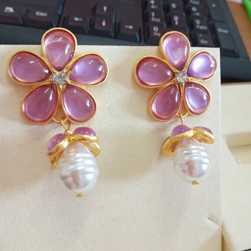 Beautiful Pink Crystal Flower Pearl Drop Earrings For Women Personality New Fashion Jewelry Pendientes