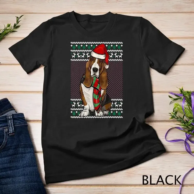 Xmas Basset Hound Dog Santa Hat Ugly Christmas Unisex T shirt