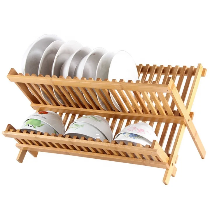 Bamboo Dish Rack Foldable  Drying  Collapsible  Drainer Wooden Plate 