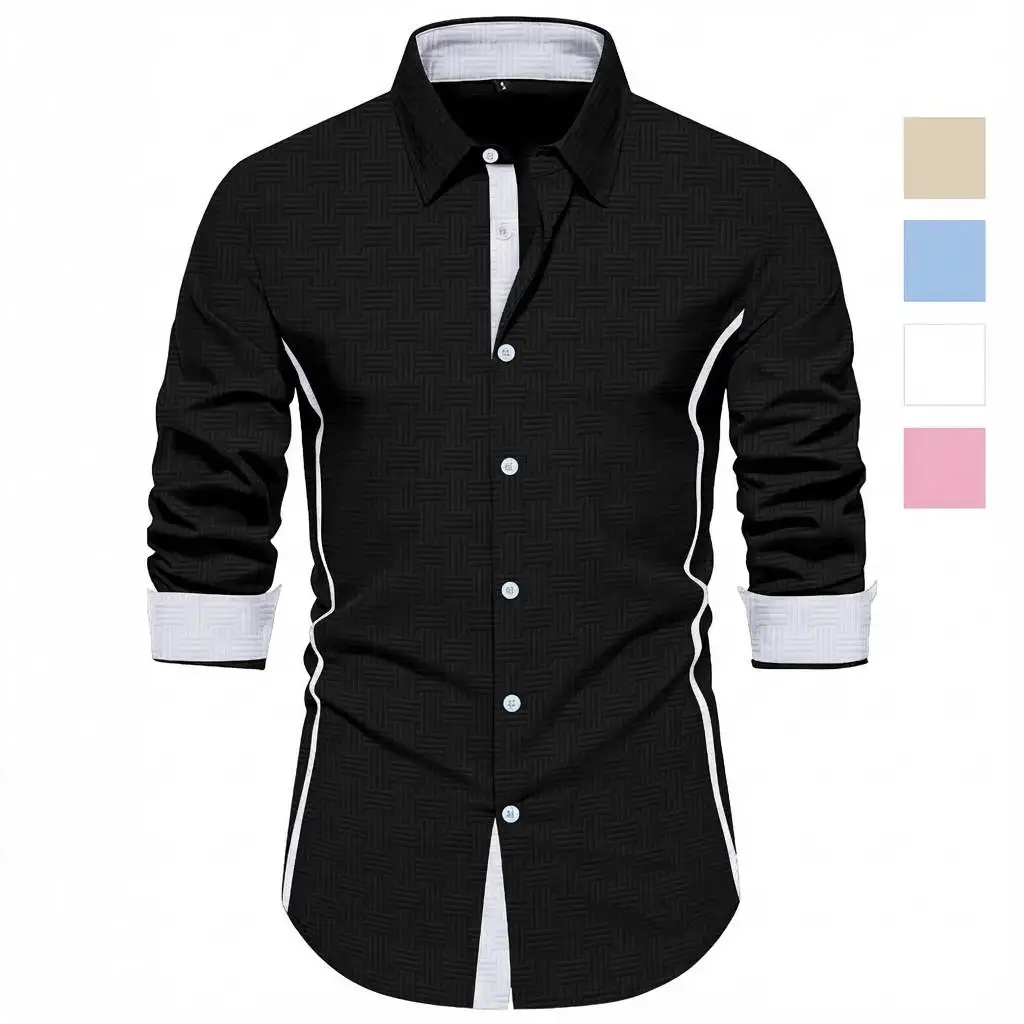 

Fashionable Men's Long Sleeve Casual Shirt Floral Embroidery Color Block Design Spring Season PU Leather Material Non-iron Tr...