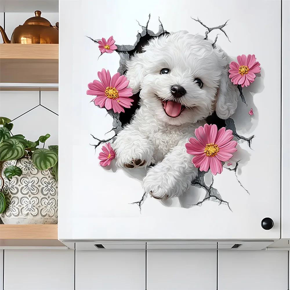 Lovely Dog & Floral Pattern Wall Decals Self-Adhesive Sticker for Living Room Bedroom Entryway Decor