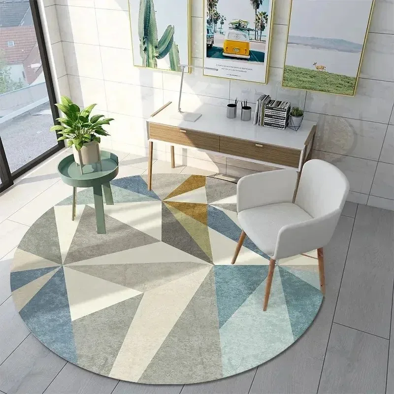 Minimalist Color Block Triangle Round Carpet, Vintage Blue Grey Textured Print, Large Circular Area Rug for Living Room Bedroom