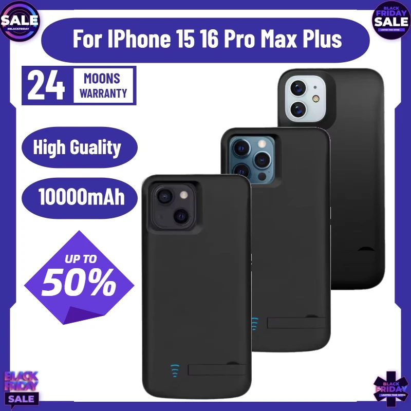 Black Battery Charger Case 10000mAh for IPhone 15 16 Pro Max Plus Charging Cover Extended Battery Portable Power Bank
