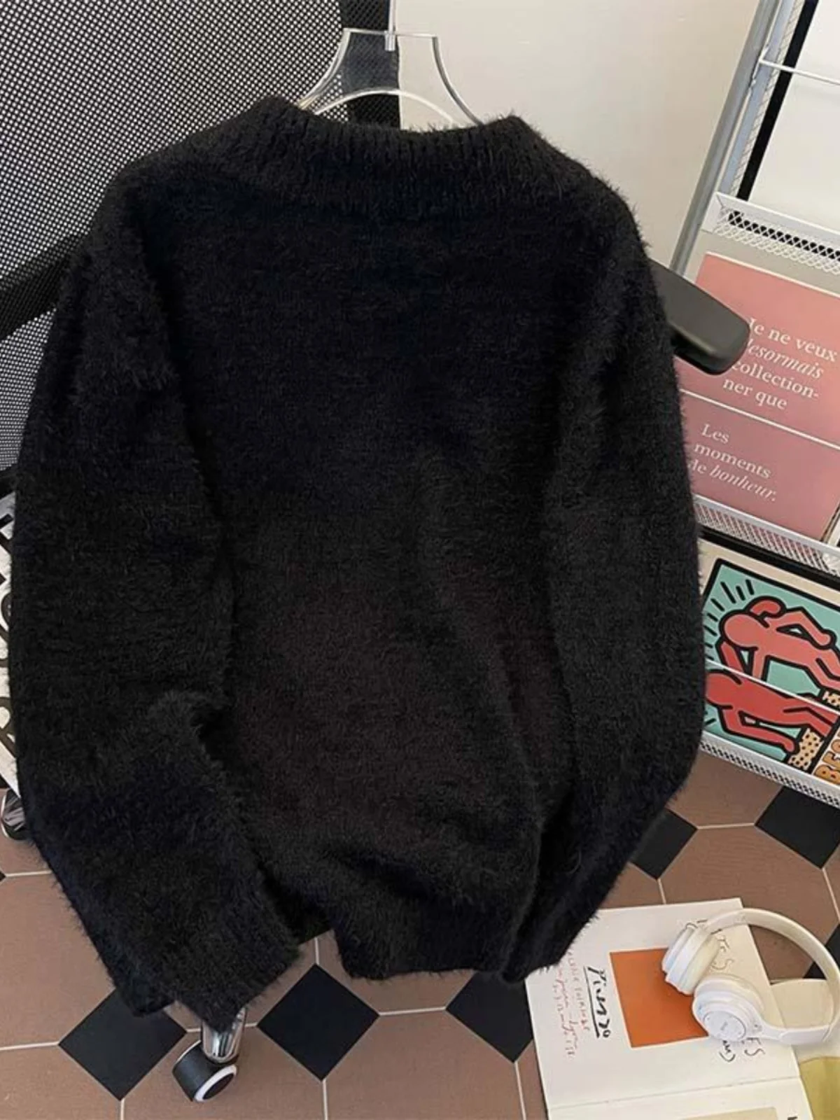 Maglieria tagliente oversize attaccata con sciarpa da uomo autunno inverno pelliccia di visone maglione con scollo a V soffice maglione streetwear invecchiato pullover