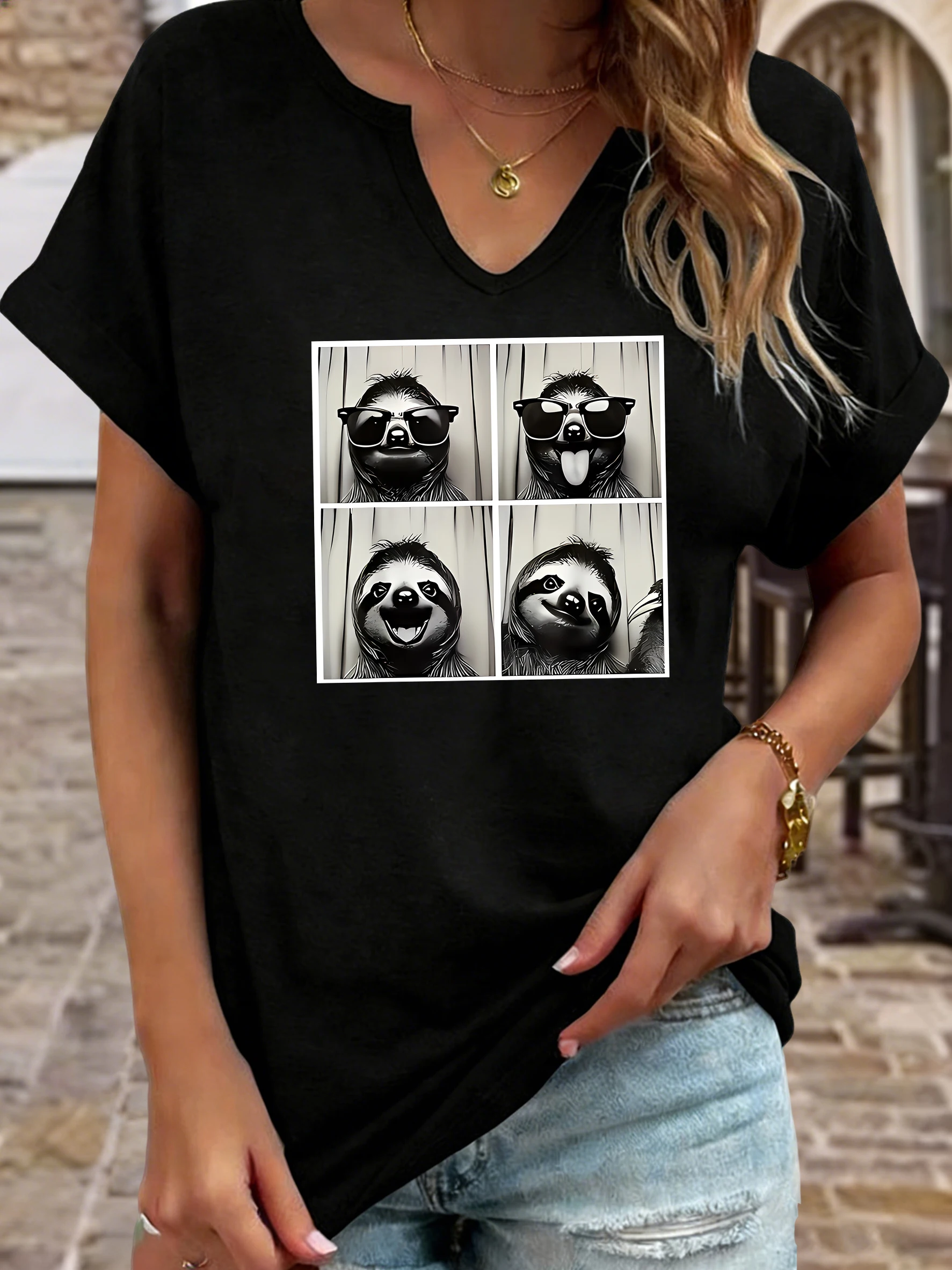 Women's Summer Crew Neck Short Sleeve T-Shirt, Funny Sloth Photo Booth Print, Cool Sunglasses Animal Graphic Casual Top