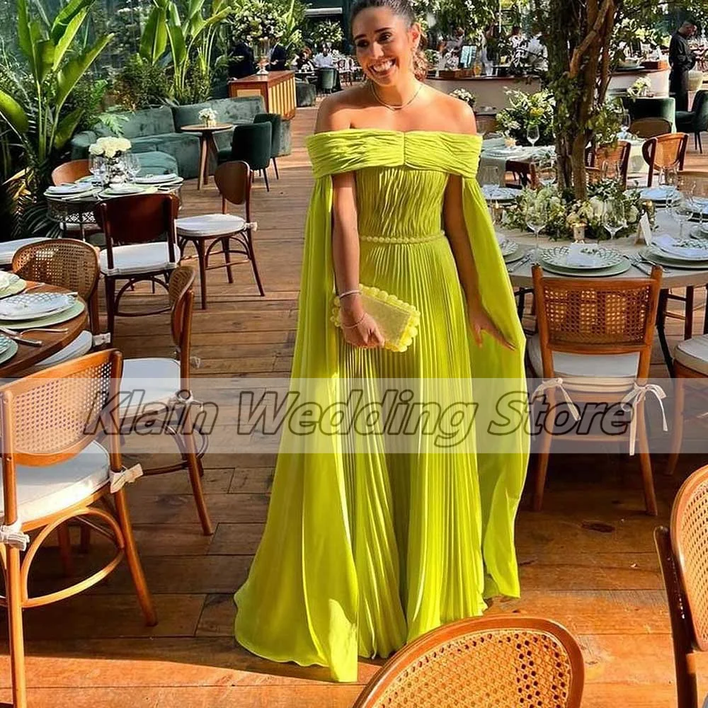 Customized Chiffon Solid Prom Dress Off The Shoulder Shawl Pleated A-Line Pearl Belt Exquisite Backless Party Floor Length Eveni