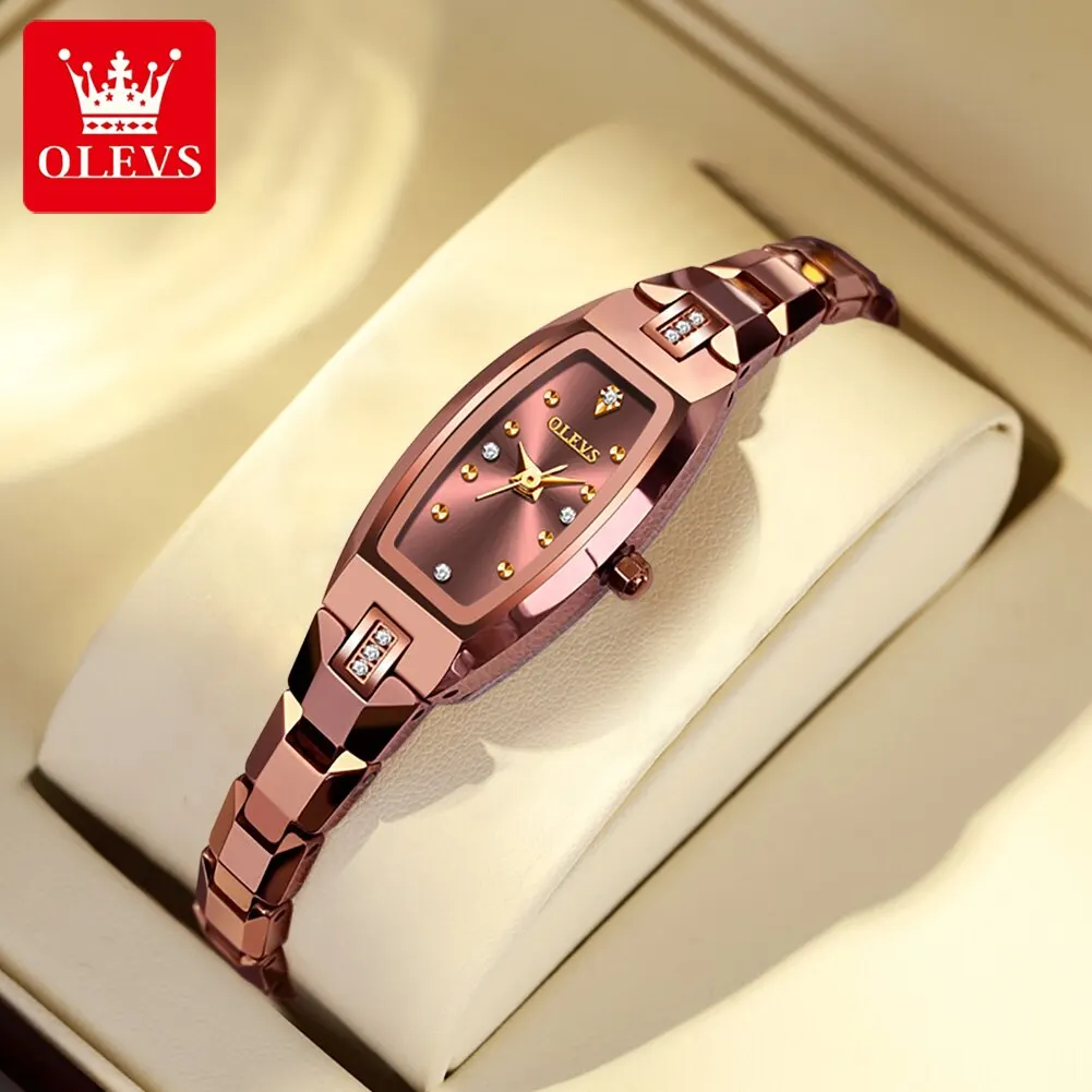 OLEVS Slim Thin Watch for Women Luxury Tungsten Steel Band Tonneau Design Square Shape Elegant Diamond Quartz Ladies Watch