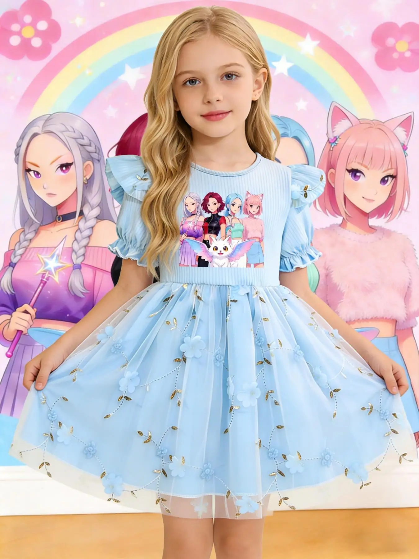 Girls Light Blue Tulle Dress, Magic Anime Girl Print Ribbed Ruffle Short Sleeve 3D Flower Tutu Dress