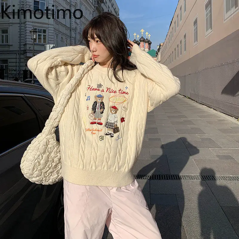 Kimotimo chique urso bordado torção camisola feminina outono inverno o pescoço solto malha topos vintage versátil manga longa pulôver