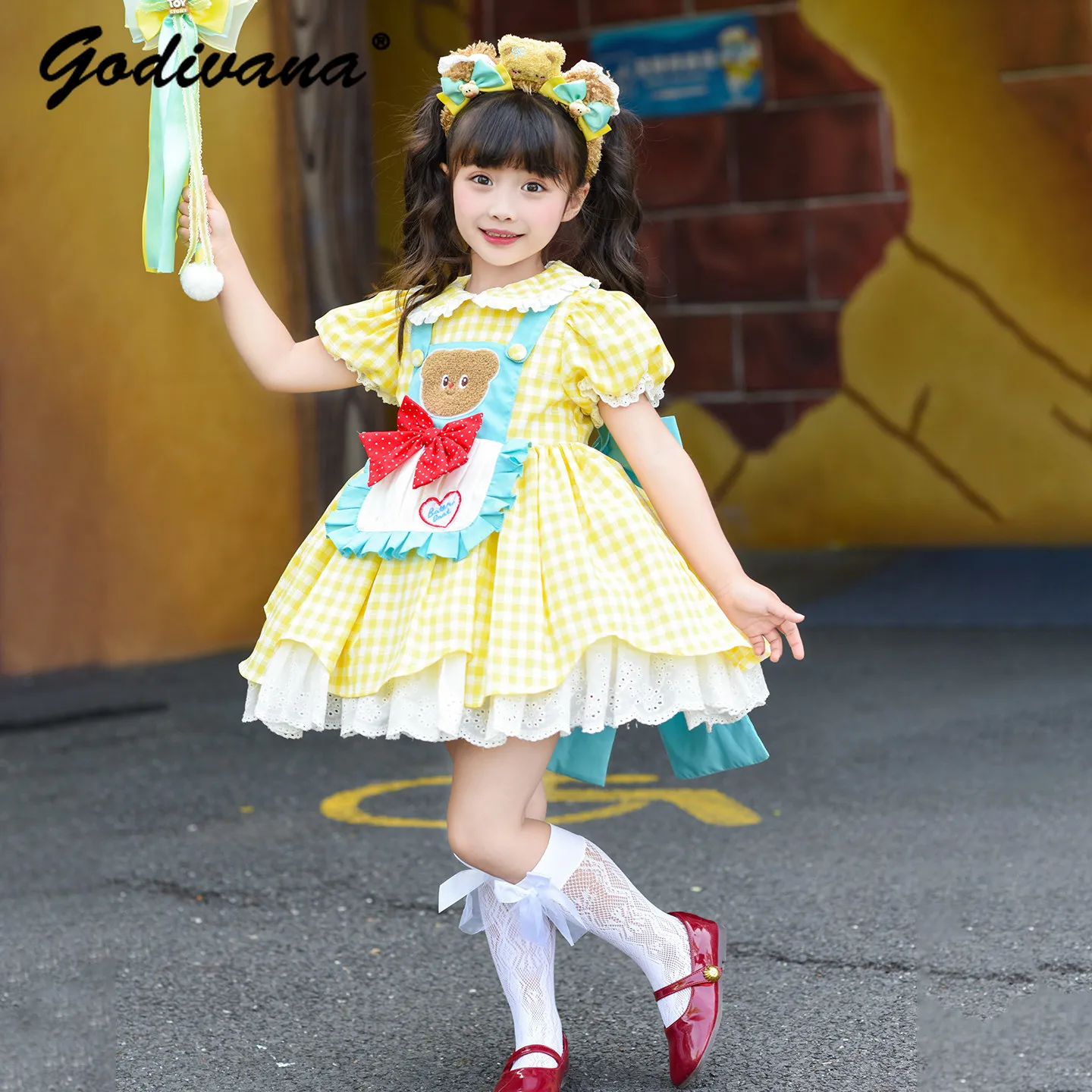 

Baby Girls Cute Cartoon Bear Print Lolita Dress Kids New Summer Sweet Plaid Doll Collar Puff Sleeve Princess Party Tutu Dress