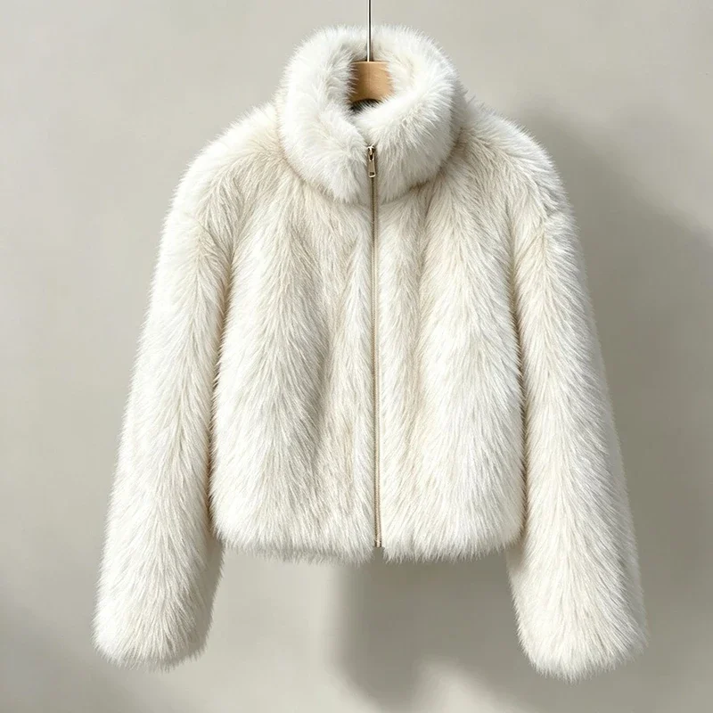 Women Pink Faux Fur Cropped Jacket 2026 New Stand Collar Zip Up Fluffy Coat Winter Temperament Slim-looking Warm Outerwear