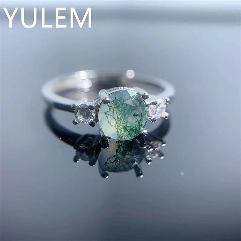 YULEM 925 Sterling Silver Natural Round Moss Agate Ring Prong Setting Wedding Band Engagement Ring Fine Jewelry for Women