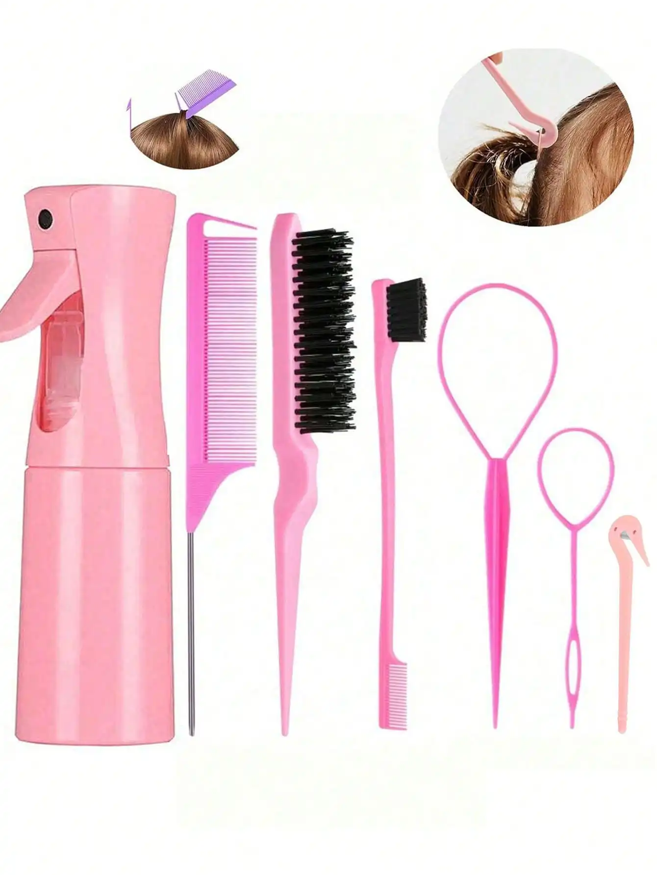 

5pcs Hair Styling Tool Set, Including Spray Bottle, Leopard Print Hair Brush, Tail Comb, Edge Brush And Cleaning Tool, Suitable For Sectioning, Detangling And Daily Styling