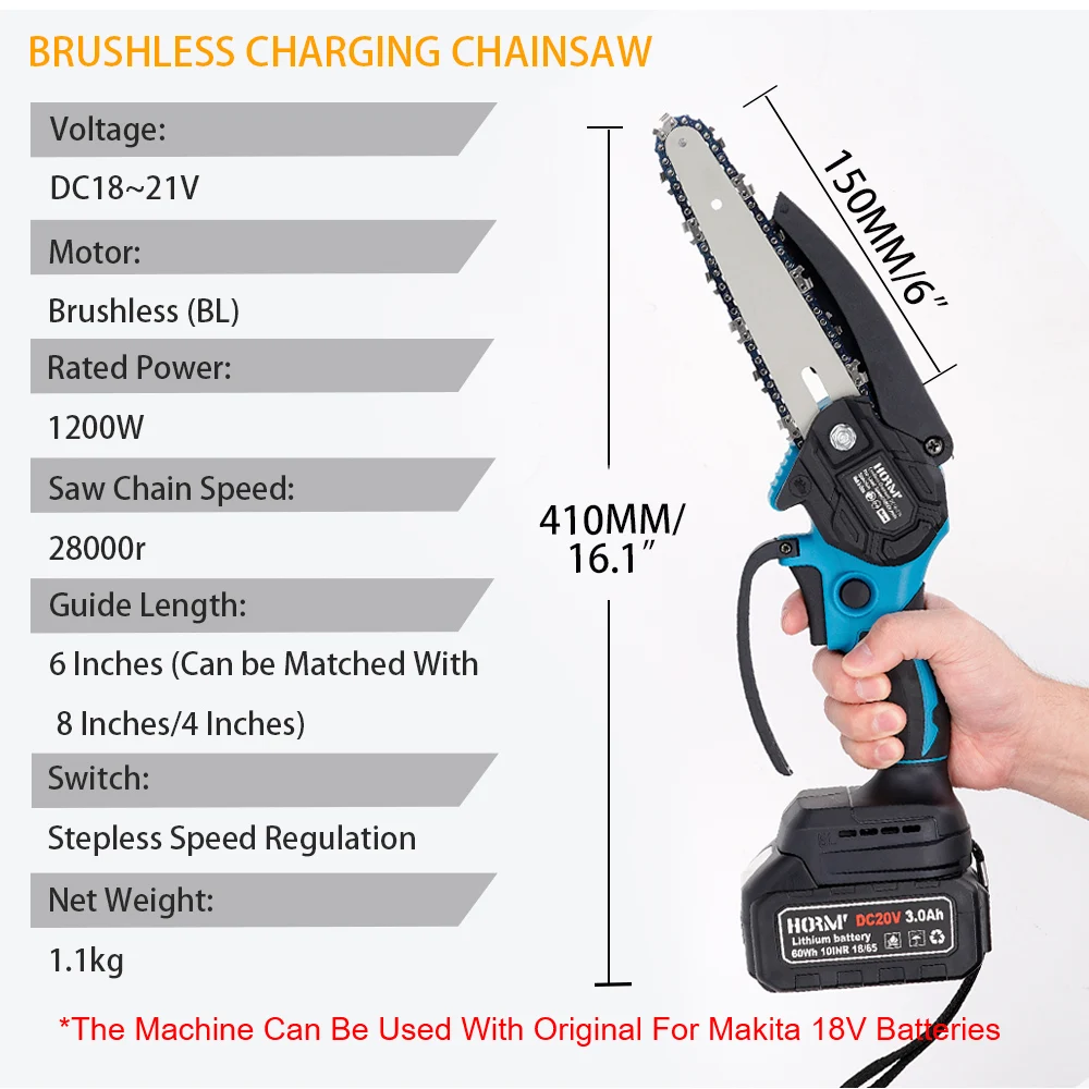 20V Brushless Electric Saw 6 Inch Mini Chainsaw Cutter Handheld Pruning Trimmer Garden Woodworking Power Tool For Makita Battery