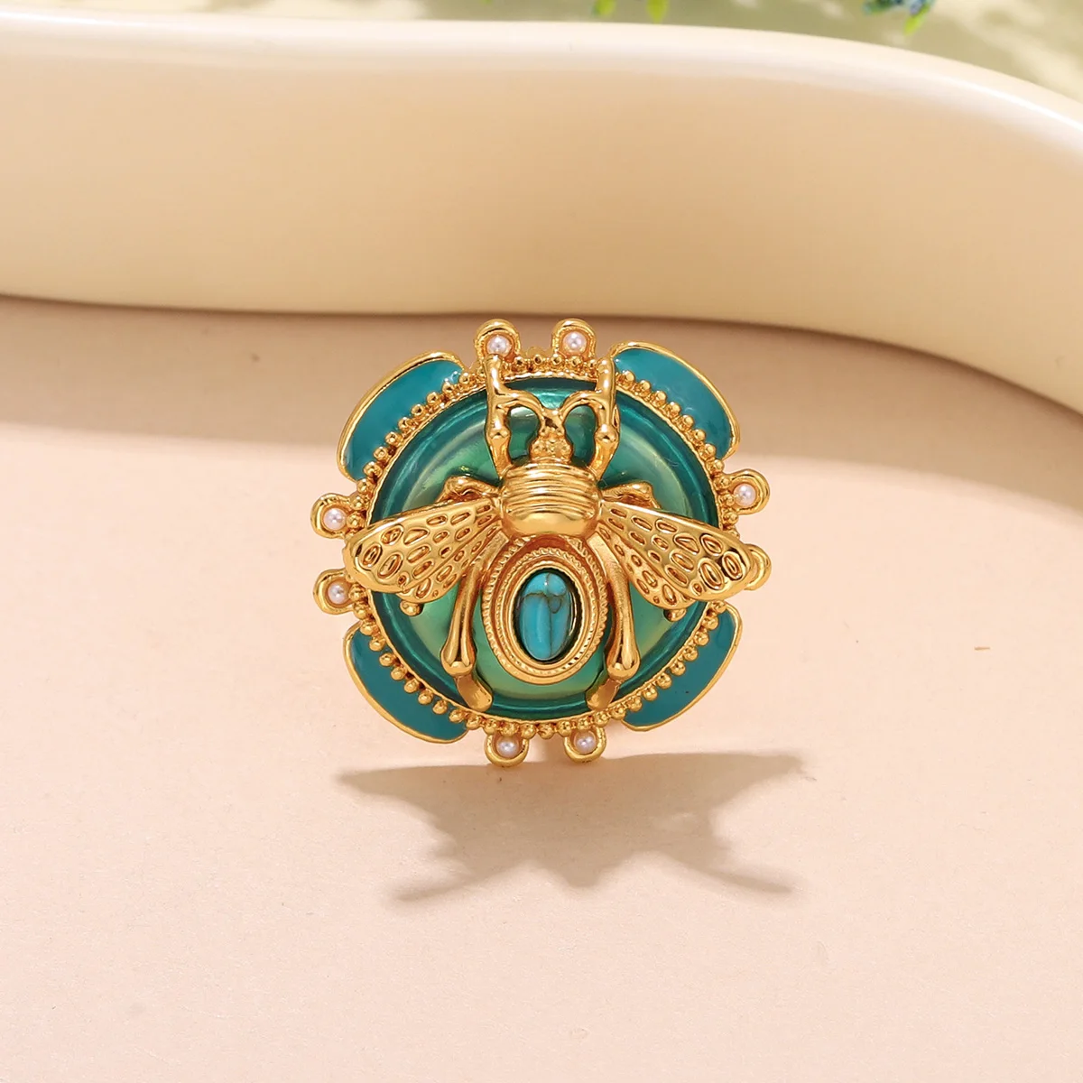 Elegant Green Enamel Bee Ring - Gold Plated Open Cuff Ring with Turquoise & Pearl Beads - Fashion Jewelry Gift - Image 3