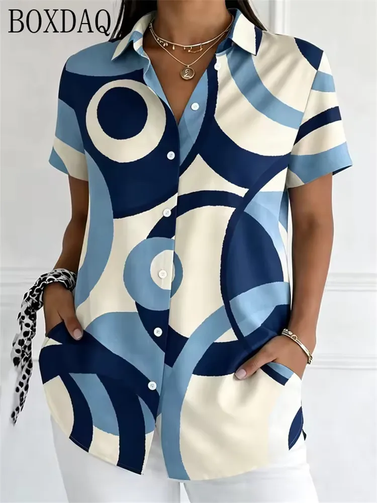 2026 Summer Women's Blouse Casual Button Short Sleeve Lapel Abstract Circle Pattern Printed Loose Shirt
