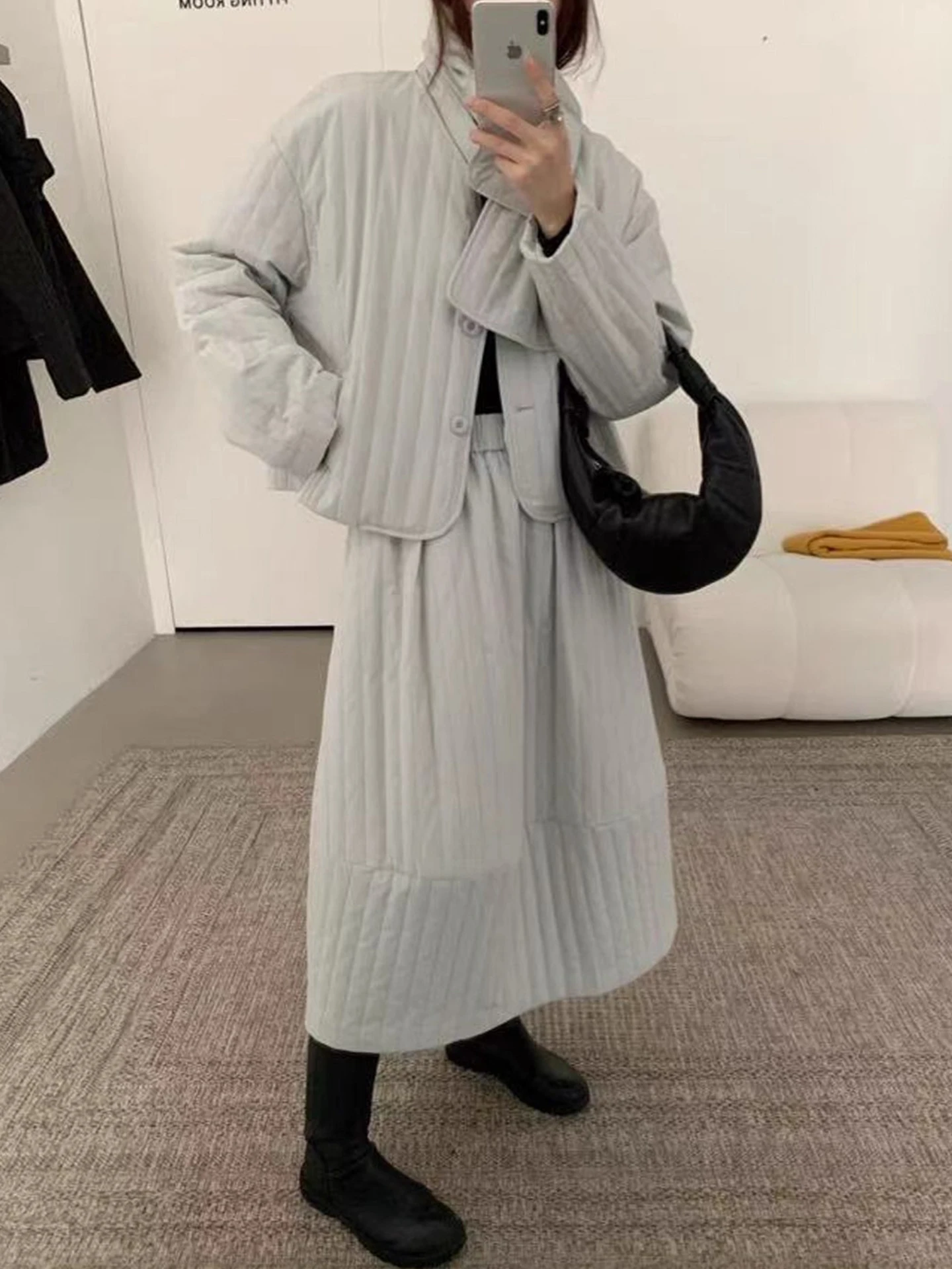 

Clothland Women Stylish Padded Jacket Skirt Suit Long Sleeve Coats Midi Skirts With Scarf Cute Female Winter Set TA723