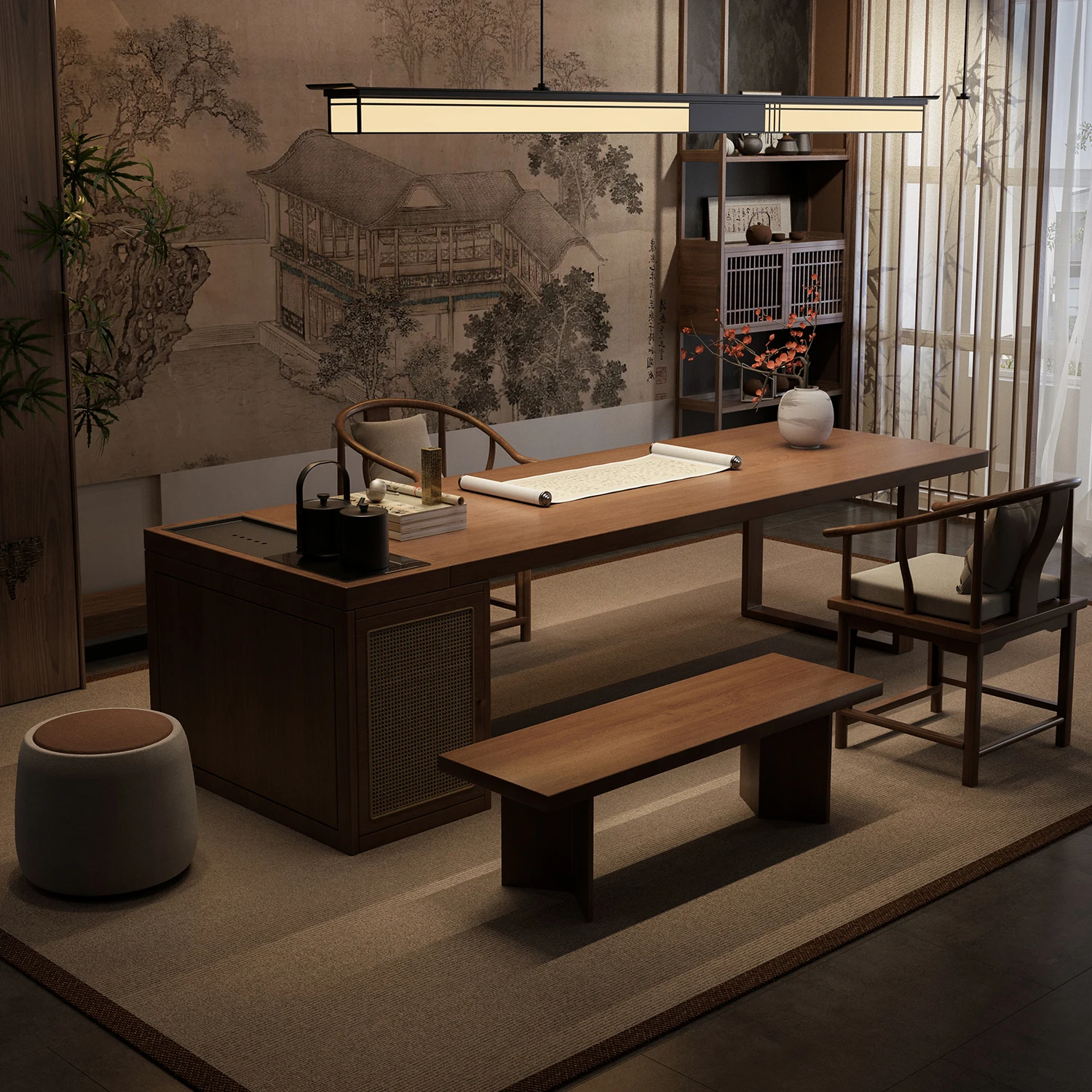 Song Dynasty aesthetic solid wood tea table desk integrated dual-purpose new Chinese-style home study multi-functional office