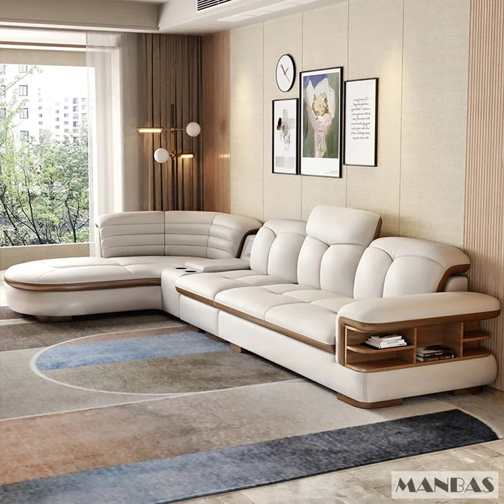 Luxury L-Shaped Genuine Leather Sectional Sofa Sets With USB, Bluetooth Speaker - MANBAS Living Room Italian Leather Couches