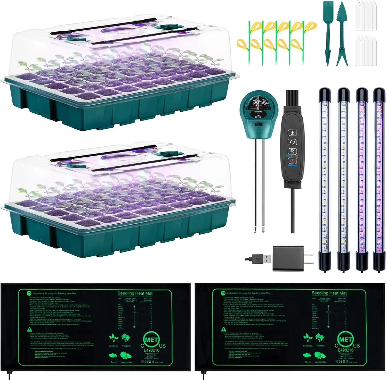 

3-in-1 Indoor Plant Starter Kit with Grow Lights, Heat Mat, and Soil Meter for Seed Germination
