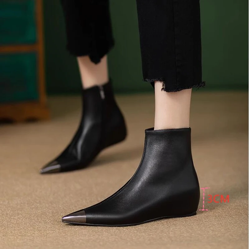 AIYUQI Women\'s Boots 2024 New Style Pointed Toe Flat Bottom Inner Height Boots Casual Metal Toe Ankle Boots Large size 45