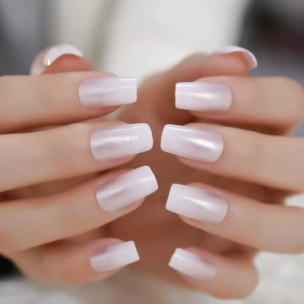 

Shimmer White Square French Ombre Fake Nails, Medium Length with Glue Tabs, Gradient Design