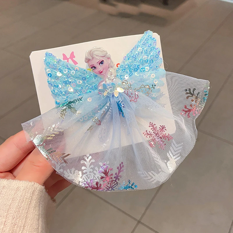 Pince à cheveux princesse Disney Frozen Elsa pour bébés filles, nœud ailé, bandes de sauna pour robe, dessin animé mignon, accessoires de mode