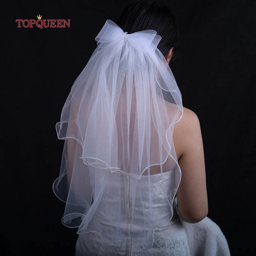 

TOPQUEEN Sweet Bow Bridal Veil With Pencil Edge White ivory 2 Tier Short Wedding Veil cosas para boda 2024 Wedding Accessories