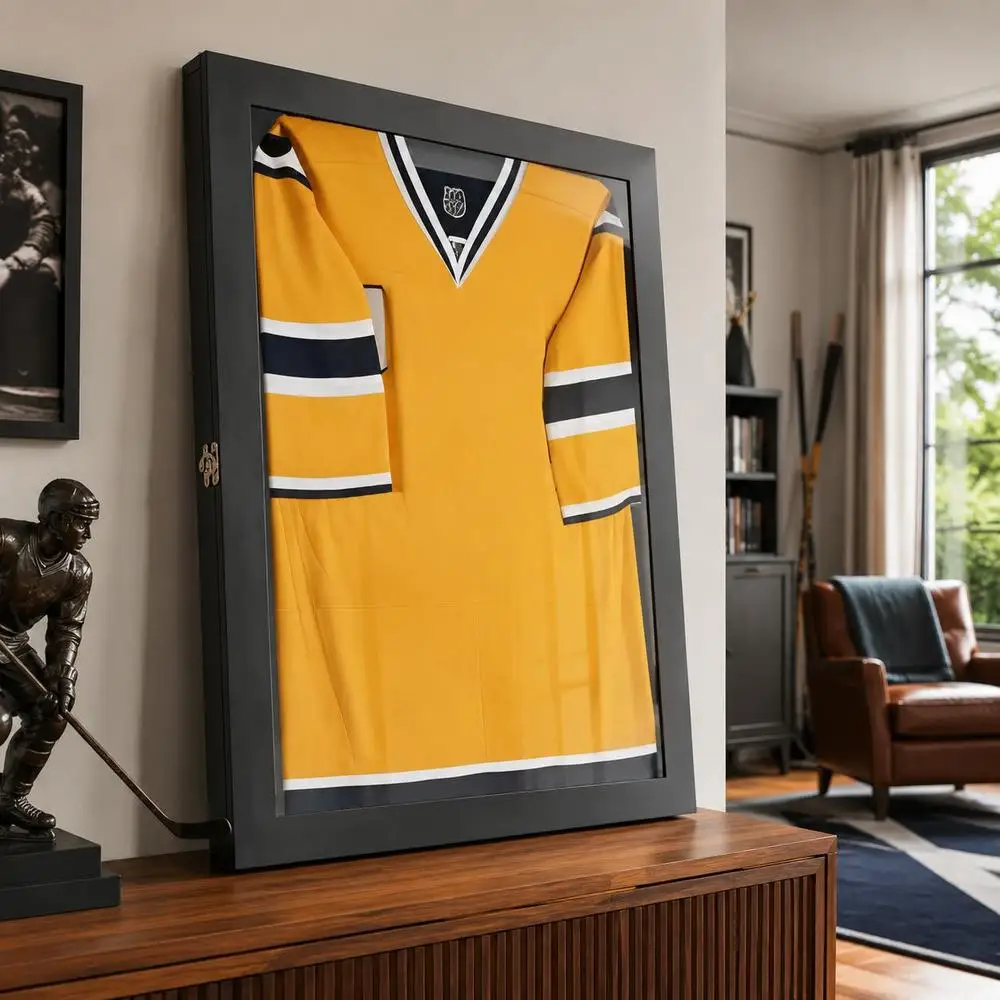Cadre d'affichage pour maillot de sport 60 x 6,5 x 80 cm, structure en bois avec porte en acrylique et doublure en feutre, protection anti-poussière, décoration moderne pour salon et appartement