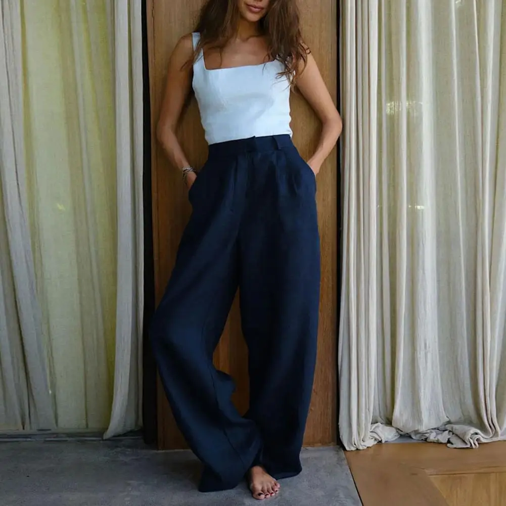 

Women Wide-leg Pants Mid-rise Wide-leg Trousers Stylish Wide-leg Women's Pants with Elastic Waist Pockets Solid