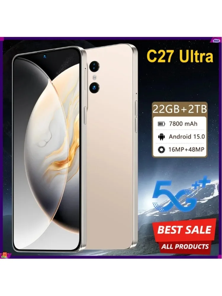 Neues C27 Ultra Smartphone Android 5G 7,3HD 22G+2TB Smart Mobiltelefon Dual-SIM 7800mAh Entsperrtes Handy 48MP Globale Version Telefone