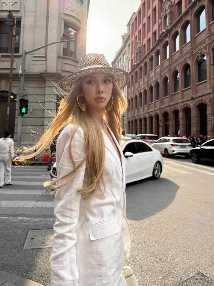 Office Ladies New Spring Summer Long Sleeve Linen Cotton Suit Jacket Slim Fit Single Breasted Women Vintage Casual Blazers Coat