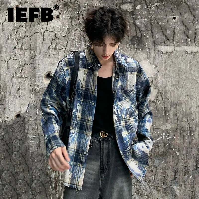 IEFB Fashion Men\'s Shirts Painting Plaid Casual Long Sleeve Menwear Turn-down Collar Long Sleeve Male Tops Niche Design 9C7122