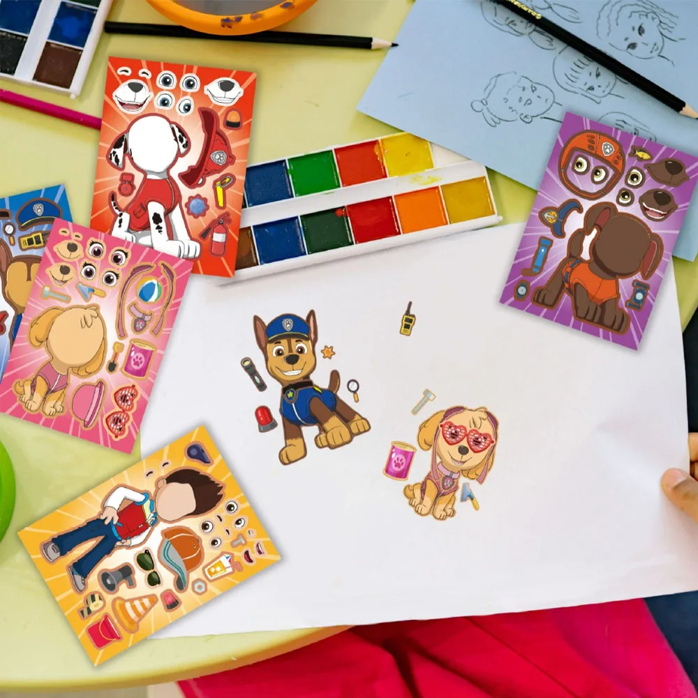16PCS PAW Patrol Puzzle DIY Make A Face Changing Stickers For Helmet Bicycle Hand Account Pencil Case Decals