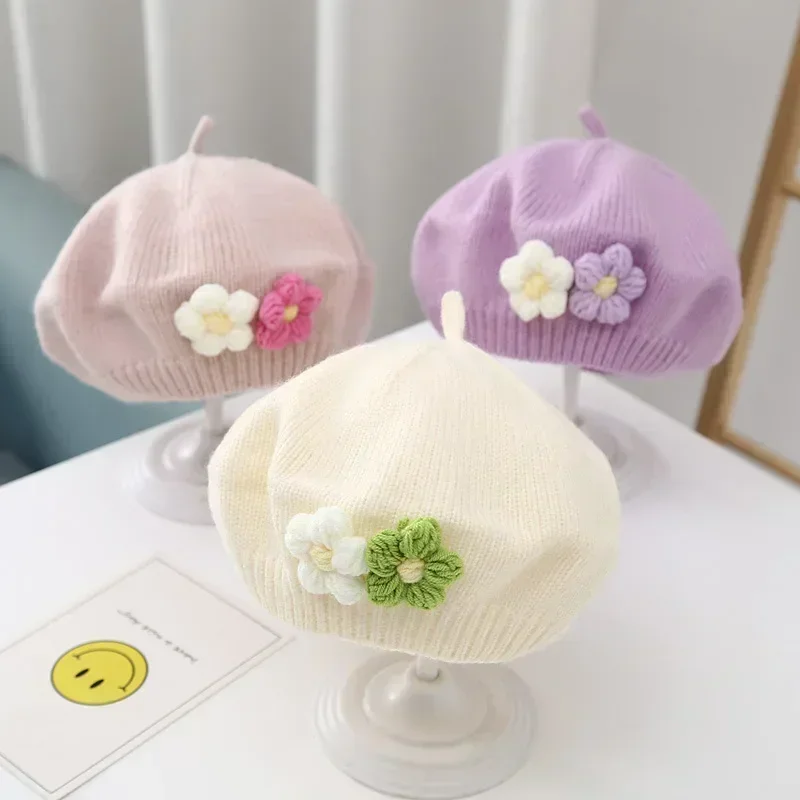 Flor bebê boina chapéu inverno quente malha gorro para meninas infantis coreano criança princesa artista cor sólida pintor bonés