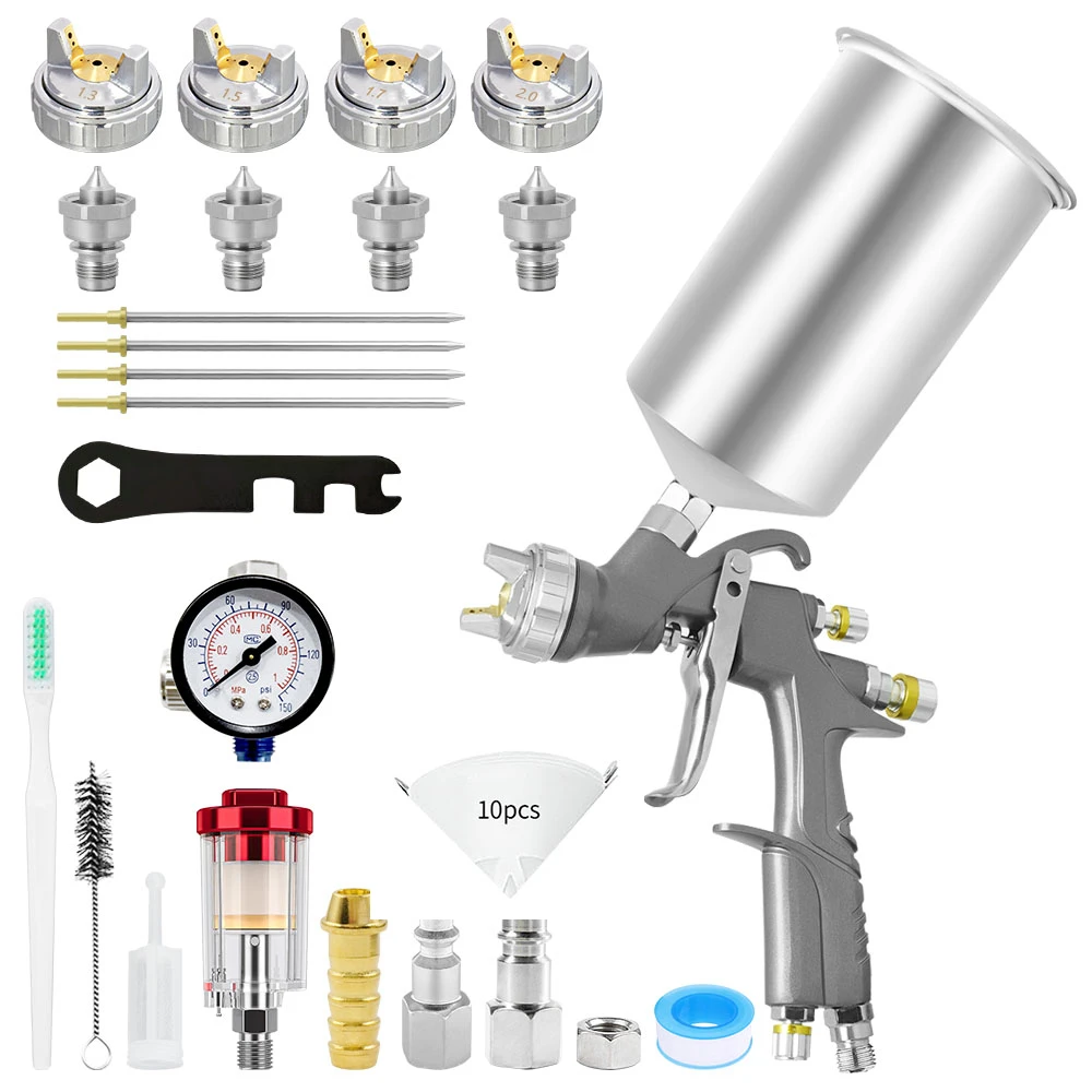 

D1 LVLP Air Spray Gun, 1000ml Capacity 1.3/1.5/1.7/2.0mm Nozzles And With Air Regulator Gauge Water Oil Separator Filter