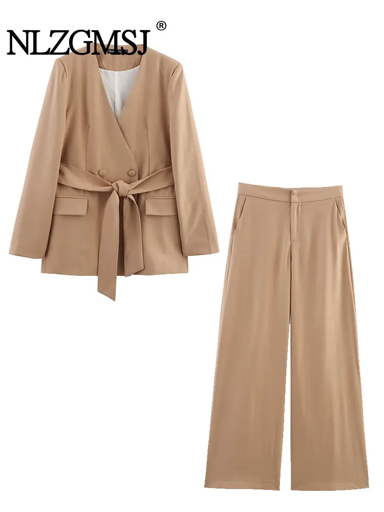 

2025 шикарный офисный женский однотонный костюм, двубортный пиджак с карманами, прямые свободные брюки на молнии, модные комплекты