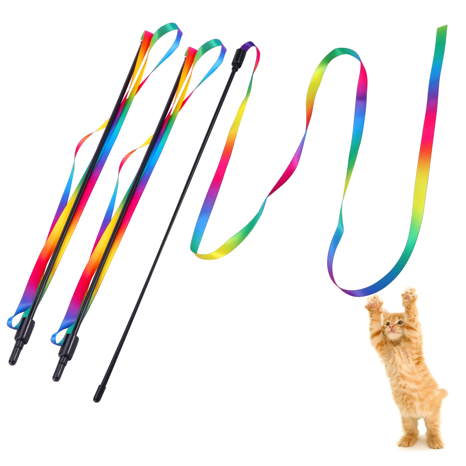 3pcs Teaser Toy Cat Wand Rainbow Ribbon Cat Fun Stick Interactive Indoor Healthy Exercise Funny Cat Rod Pet Supplies Kitten Toy