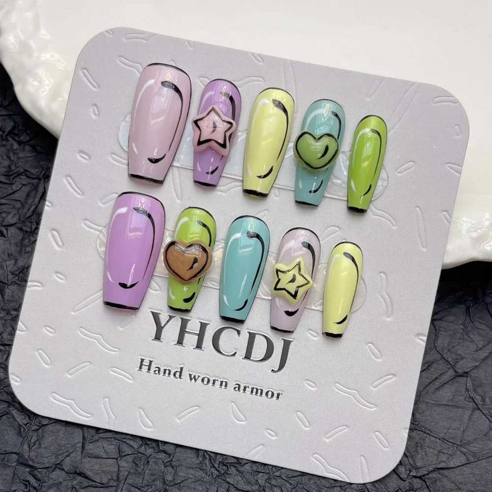 Handgemaakte Korte Catoon Kunstnagels Druk Op Met Ontwerp Japanse Nep Nagels Met Lijm Kunstmatige Stick-On Nail Tip nail Art